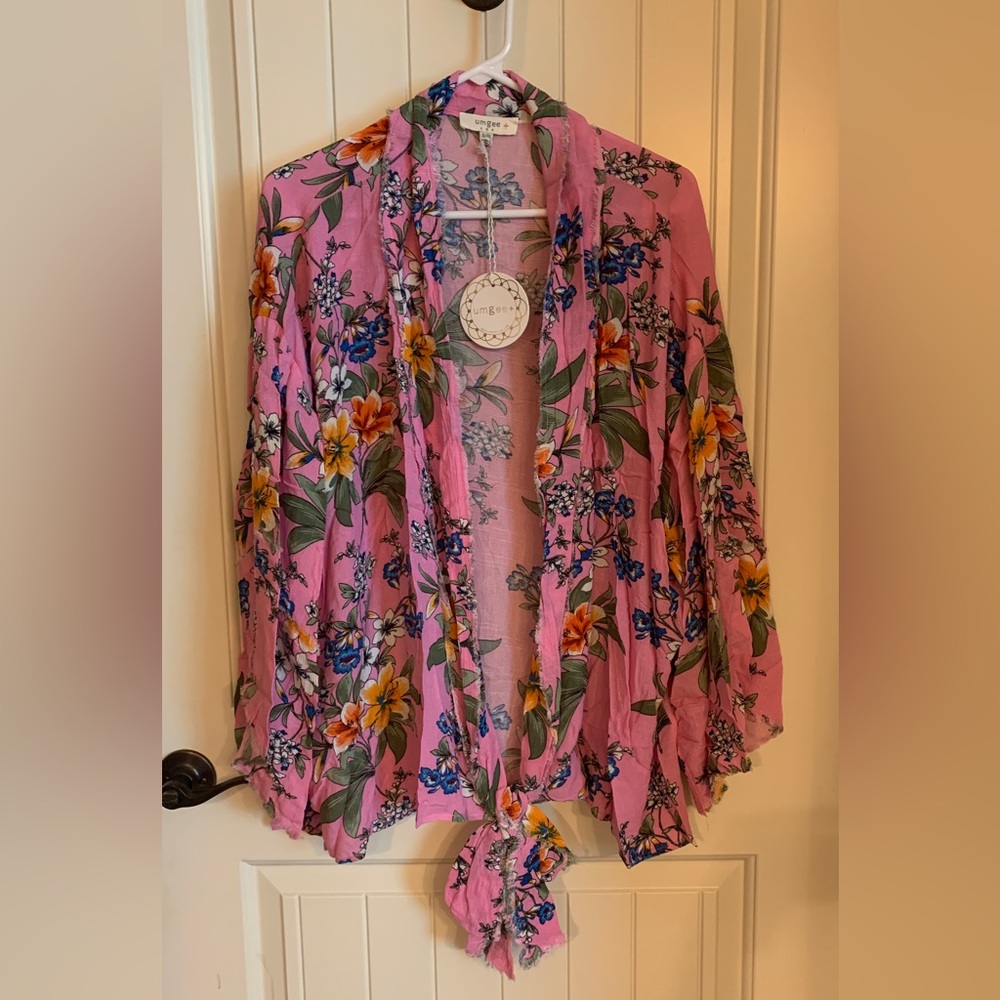 Umgee Clothing Sheer Floral Long Bell Sleeve Open Front Kimono Waist Tie Pink